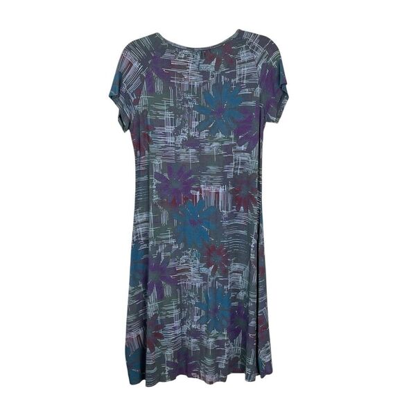 Fresh Produce Stretch Dress Size Small Pullover V-Neck Ruched Gray Purple Floral - Picture 2 of 9